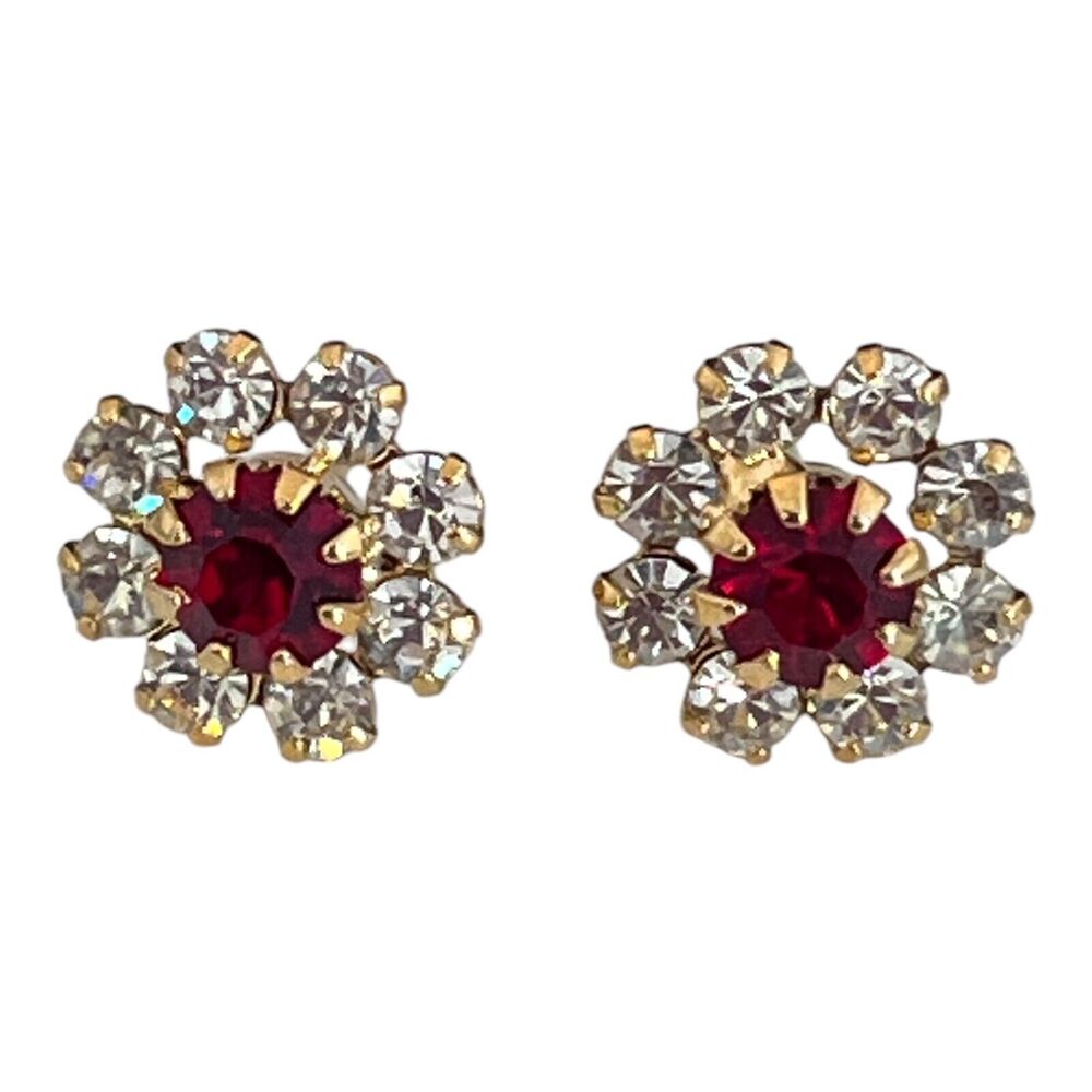 Vintage 1960s Rhinestone Stud Earrings Red Crystal Silver Tone - 5M